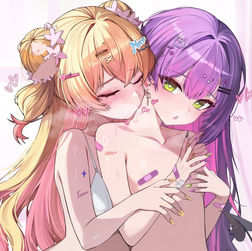 Two cute anime girls kissing neck in intimate yuri artwork drawn by kkato
