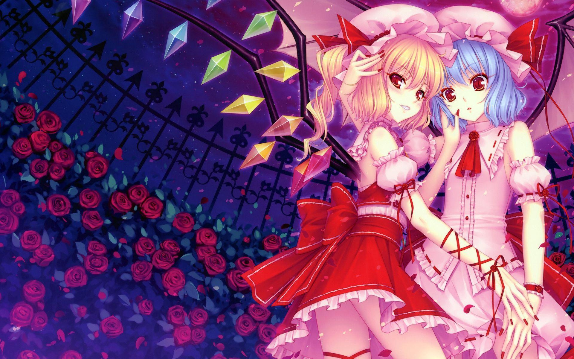 Flandre scarlet touch remilia scarlet hand in a yuri artwork with many roses and a fence in background