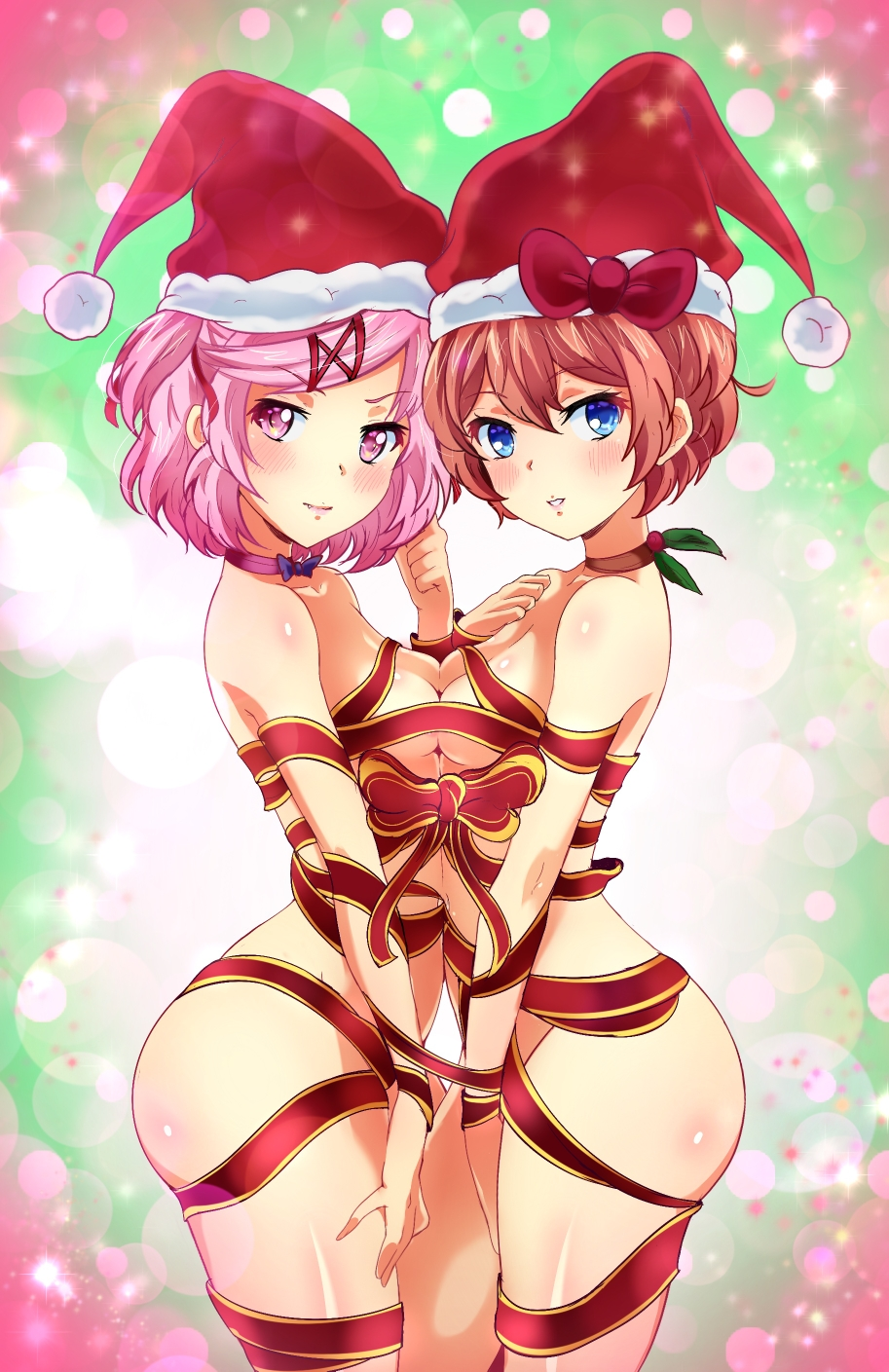 Two girls wrapped in Christmas presents in intimate yuri artwork