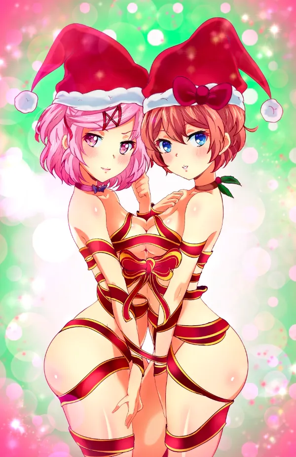Two girls wrapped in Christmas presents in intimate yuri artwork