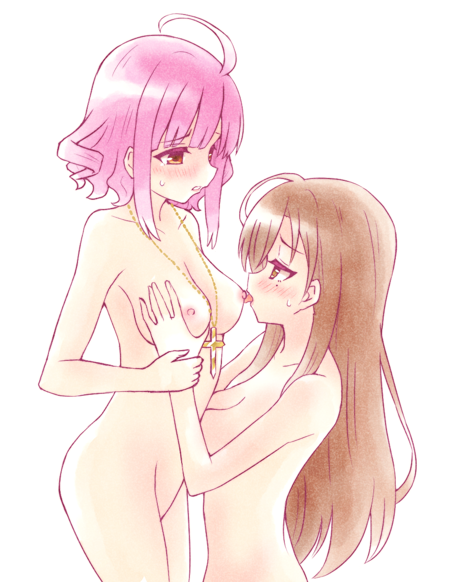 Two girls with pink hair completely nude in intimate yuri artwork