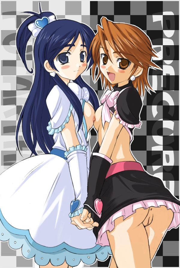 Two girls from Precure Futari wa, Misumi Nagisa and Yukishiro Honoka, with brown eyes in intimate yuri artwork by artist Akino Hamo