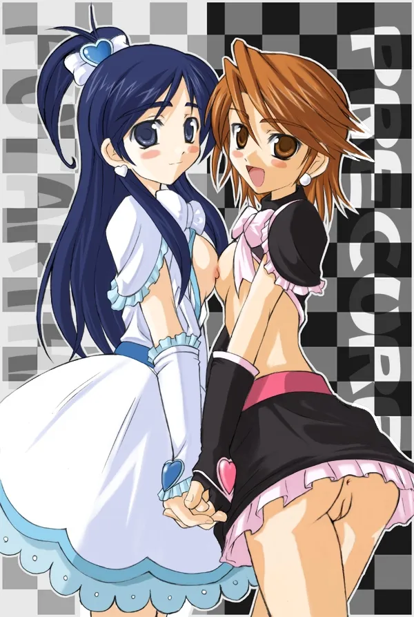 Two girls from Precure Futari wa, Misumi Nagisa and Yukishiro Honoka, with brown eyes in intimate yuri artwork by artist Akino Hamo