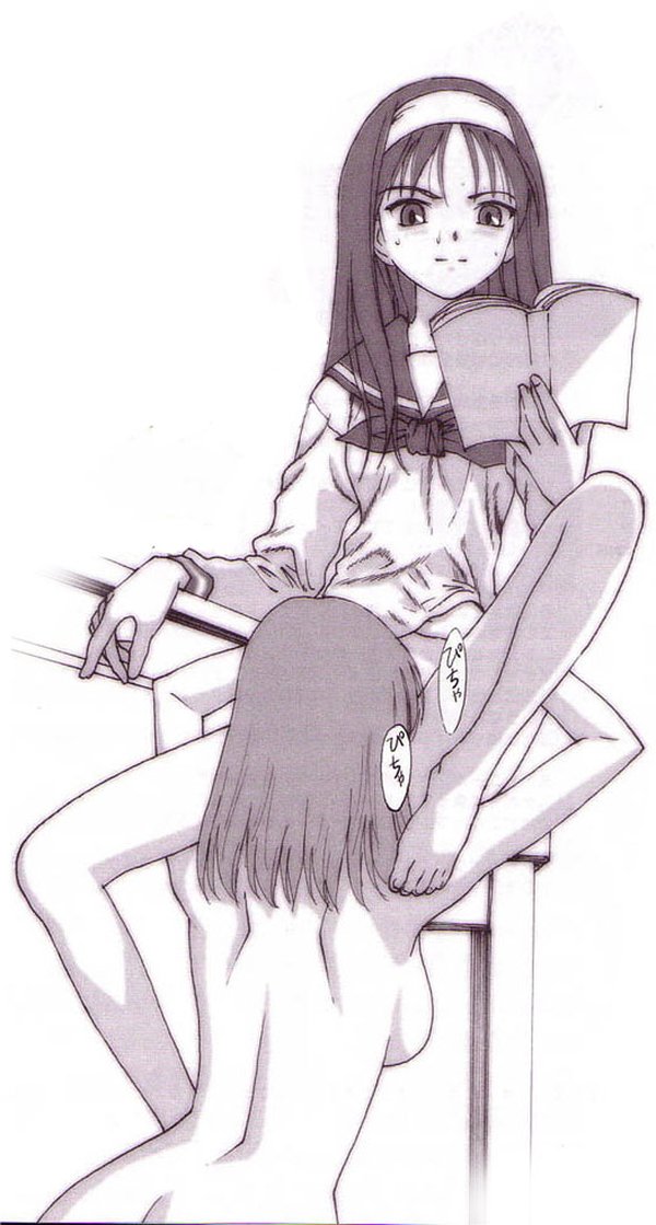 Two anime girls from Tsukihime in monochrome art, Tohno Akiha in school uniform sitting on chair reading book with spread legs while nude Kohaku with hairband performs cunnilingus, multitasking scene at table