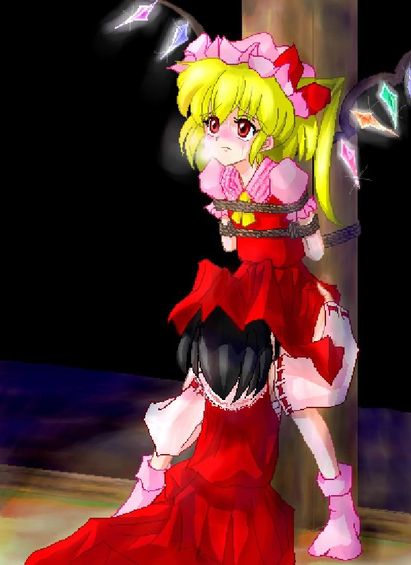 Two anime girls from Touhou in oekaki style, Flandre Scarlet bound in shibari rope bondage while Hakurei Reimu in socks performs cunnilingus with head under skirt, BDSM femdom scene with blushing and sweat
