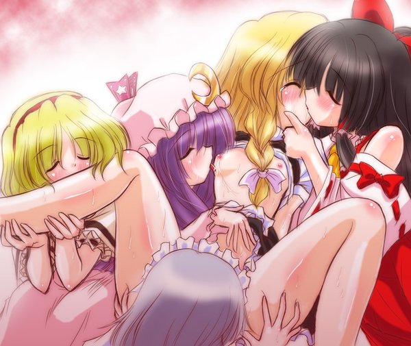 Reimu, Marisa, Alice, Sakuya and Patchouli from Touhou in yuri harem gangbang, cunnilingus oral with licking and kissing, blonde hair visible, shirt lift, saliva and sweat
