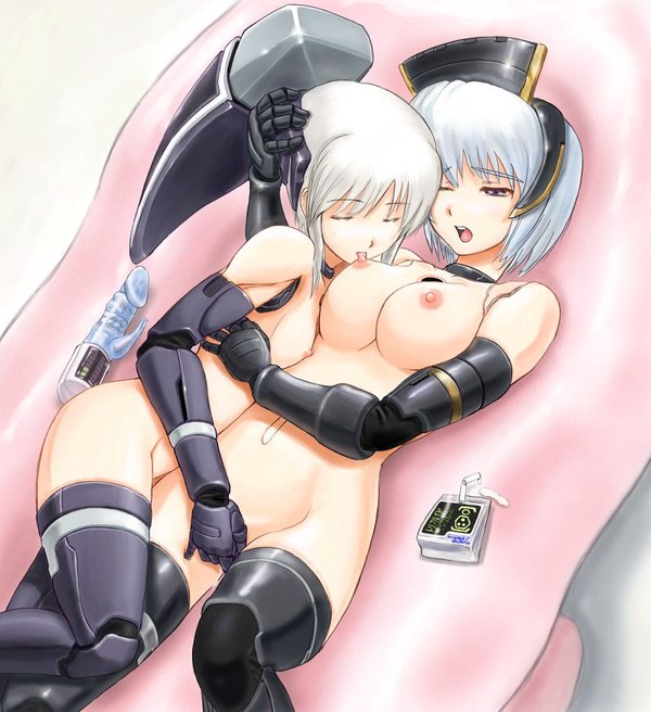 White-haired Racaseal android with robot joints and Shino from Phantasy Star Online, licking breast and fingering on bed with dildo vibrator, large breasts and flat chest visible