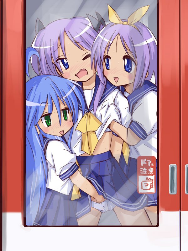 Blue-haired Konata, purple-haired Kagami and Tsukasa twins from Lucky Star in school uniform on train, groping breasts and hand in panties molestation chikan scene, twincest sisters