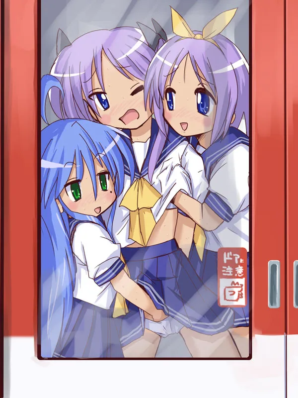 Blue-haired Konata, purple-haired Kagami and Tsukasa twins from Lucky Star in school uniform on train, groping breasts and hand in panties molestation chikan scene, twincest sisters