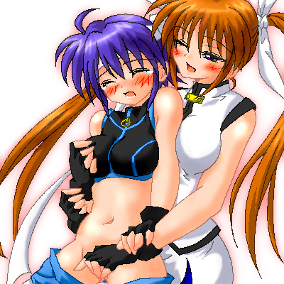 Brown-haired Nanoha in aggressor mode and blue-haired Subaru with twintails from Lyrical Nanoha Strikers, fingering and groping breasts squeezed together, fingerless gloves visible, tears and blush, oekaki style