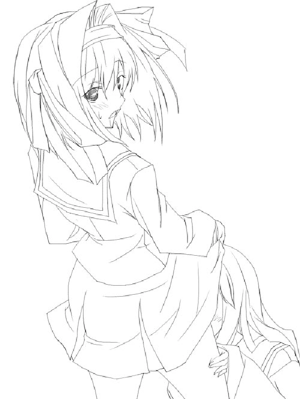 Haruhi with hairband performing standing cunnilingus on Mikuru in Kita High school uniform serafuku with skirt lift, monochrome greyscale art on white background, oral yuri scene standing