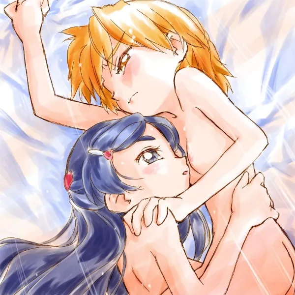 Brown-haired Nagisa with brown eyes and blue-haired Honoka from Futari wa Precure Max Heart, completely nude on bed showing small breasts and nipples, sketch style with hairclip, blushing