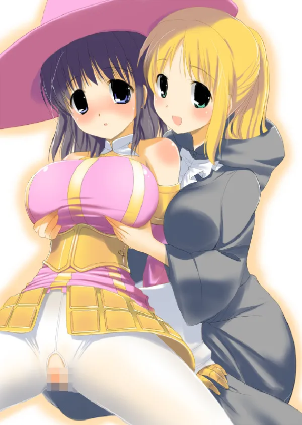 Two Sorcerers in Linda outfit from Fantasy Earth Zero, groping huge breasts from behind through torn crotchless white pantyhose, no panties with censored pussy visible, grabbing breasts intimately