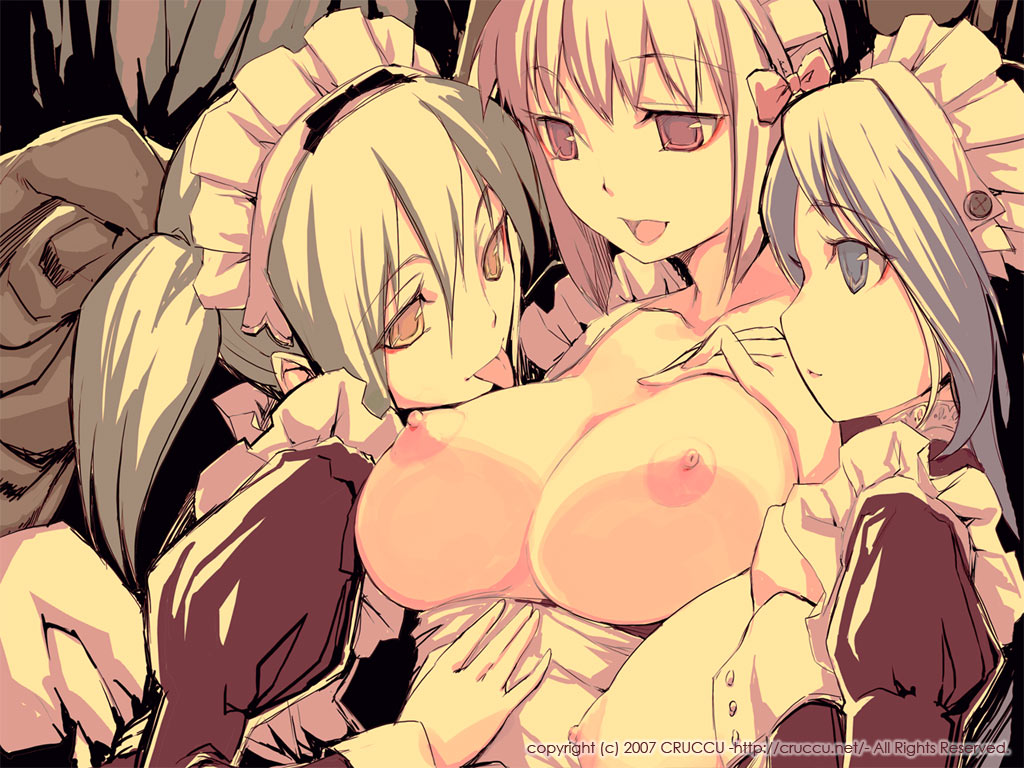 Three maid girls in aprons and maid headdresses licking each other, featuring blue-haired girl with blue eyes, pink-haired girl with short twintails and pink eyes, and white-haired girl with yellow eyes, large breasts with nipples exposed, open mouths with tongues out