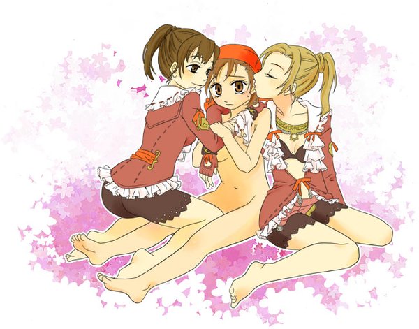 Three nude barefoot Hume adventurers from Final Fantasy XI, including Corsair class character, yuri scene