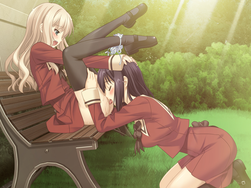 Blonde Sawaguchi Mai kneeling performing cunnilingus on black-haired Kawamura Reo sitting on bench outdoors, St. Michael's school uniform with red skirt lifted, panties around one leg, hands on head guiding, legs up, pussy juice visible, sunlight and light rays in background