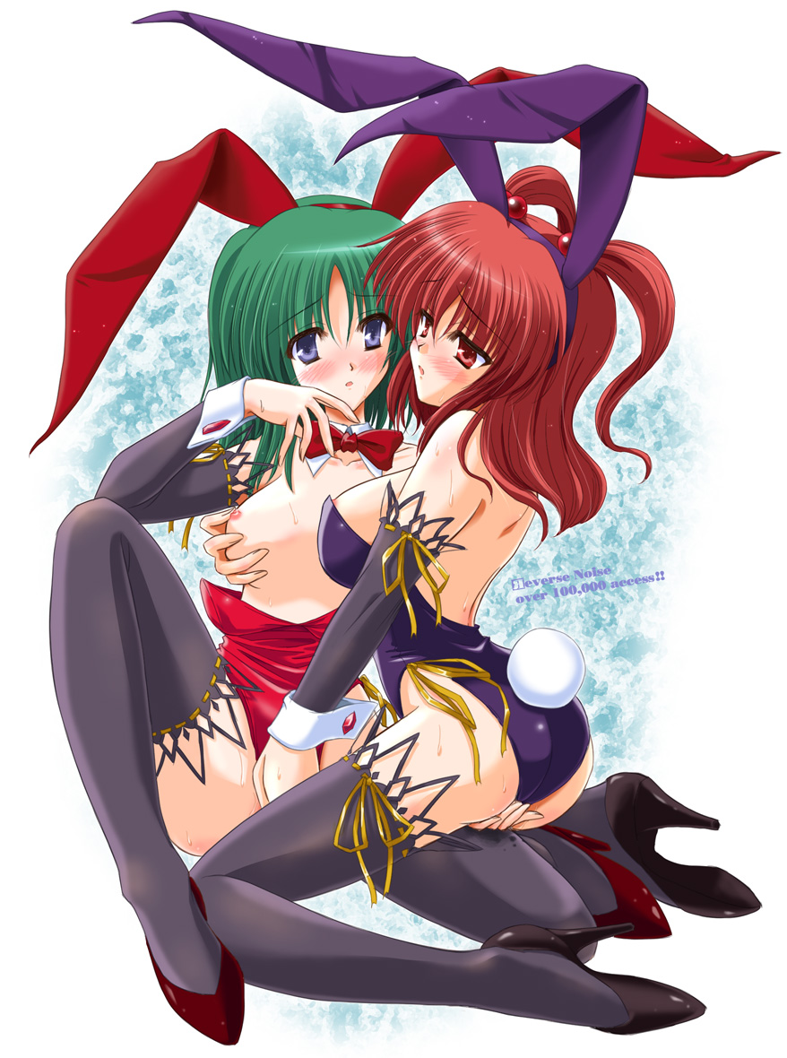 Red-haired Onozuka Komachi and Shiki Eiki in playboy bunny outfits with rabbit ears and thighhighs, mutual fingering and groping each other's medium breasts, pussy juice visible