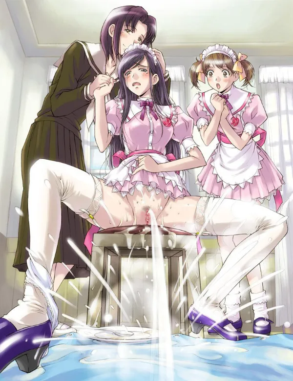 Fukuzawa Yumi, Ogasawara Sachiko and Mizuno Youko in Lillian school uniforms sitting with spread legs peeing, white thighhighs and high heels, uncensored