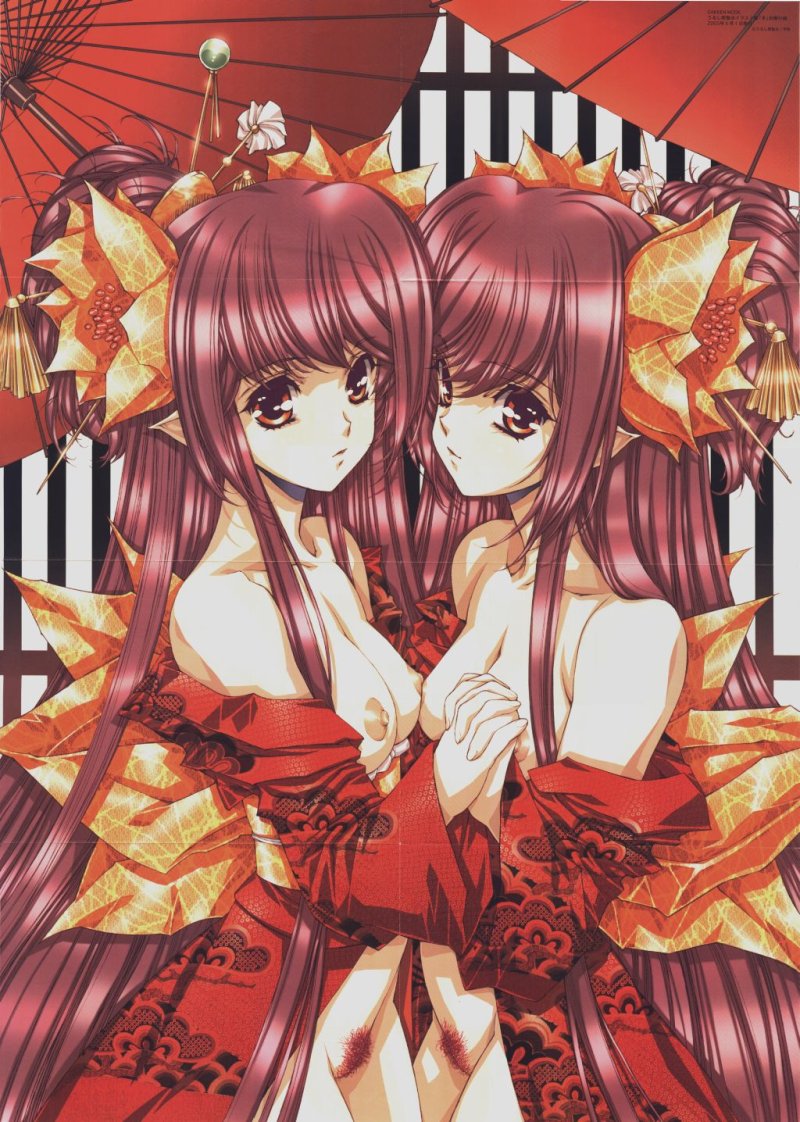 Red-haired pointy-eared twin sisters in open red kimonos holding hands, pubic hair and medium breasts with nipples visible, oil-paper umbrella, incest
