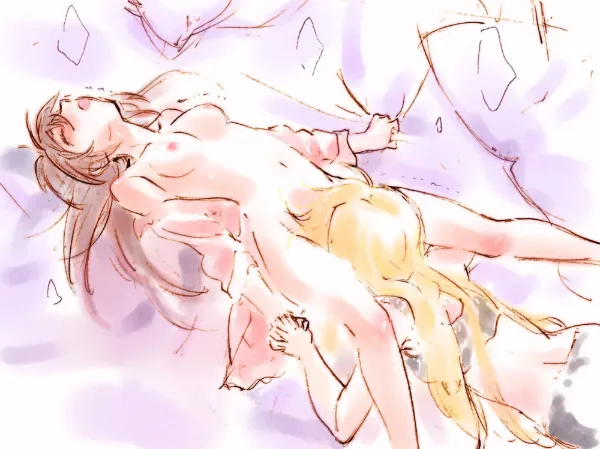 Blonde Fate Testarossa performing cunnilingus on brown-haired Takamachi Nanoha, arched back screaming in orgasm, holding hands, sheet grab on bed