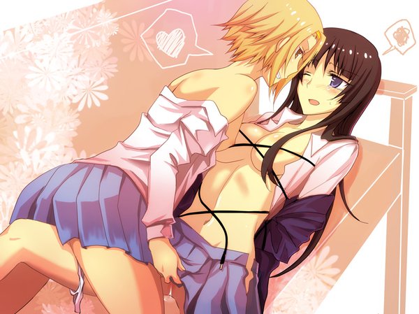 Akiyama Mio in femdom role fingering bound Tainaka Ritsu in Sakuragaoka school uniform, open shirt with panties around one leg, pussy juice and heart visible