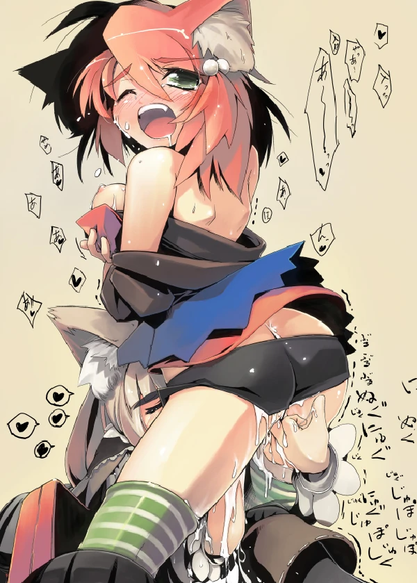Cat-eared Fighter and Mage from 7th Dragon fingering with panties aside, pussy juice visible, thighhighs, wince and blush