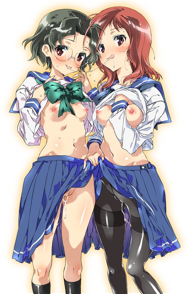 Red-haired Takei Hisa lifting skirt of green-haired Someya Mako in Kiyosumi school uniform, no panties with pussy and pussy juice visible, pantyhose, saliva trail and tongue, glasses