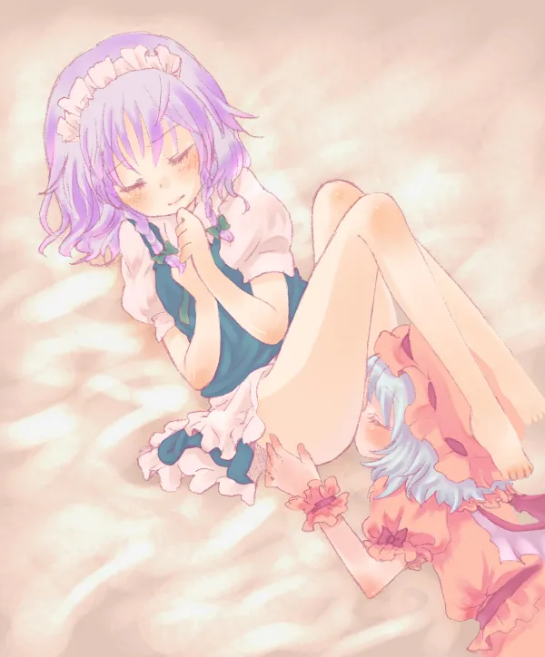 Grey-haired Izayoi Sakuya performing cunnilingus on blue-haired Remilia Scarlet with bat wings, twin braids and hat, barefoot, hair ribbon