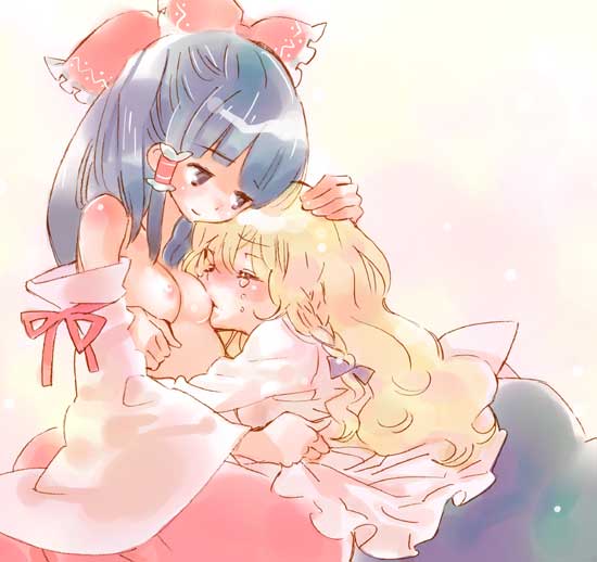 Blonde Kirisame Marisa sucking small breasts and nipples of black-haired Hakurei Reimu in detached sleeves, tears, closed eyes
