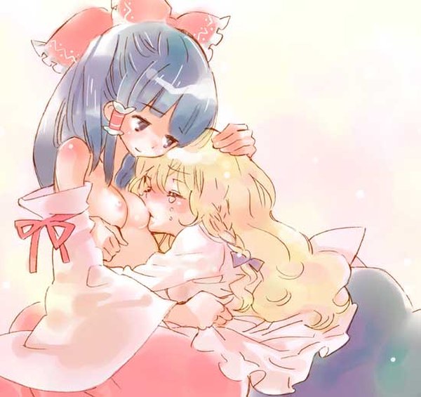 Blonde Kirisame Marisa sucking small breasts and nipples of black-haired Hakurei Reimu in detached sleeves, tears, closed eyes