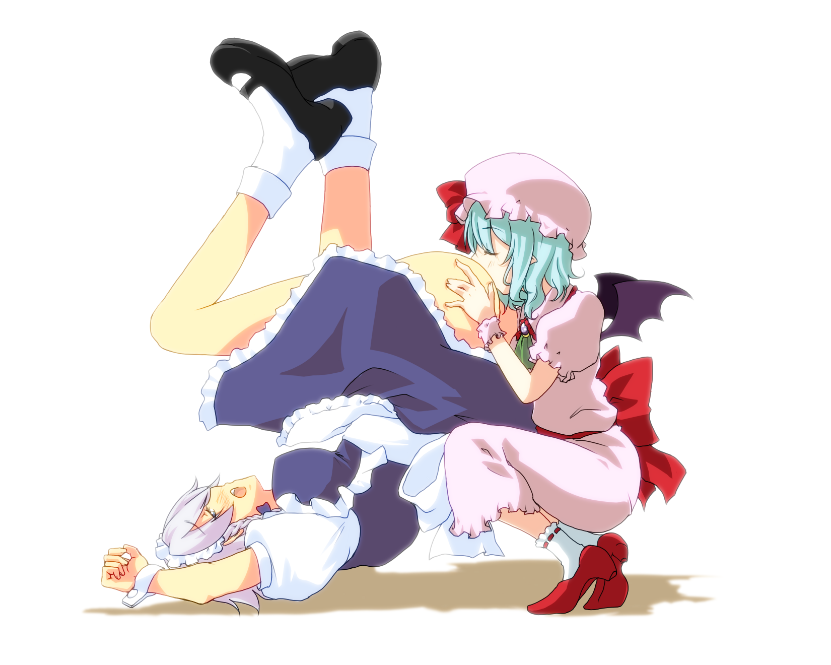Grey-haired maid Izayoi Sakuya performing cunnilingus on blue-haired Remilia Scarlet with bat wings and pointy ears, high heels, hat and ribbon