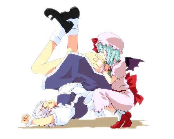 Grey-haired maid Izayoi Sakuya performing cunnilingus on blue-haired Remilia Scarlet with bat wings and pointy ears, high heels, hat and ribbon