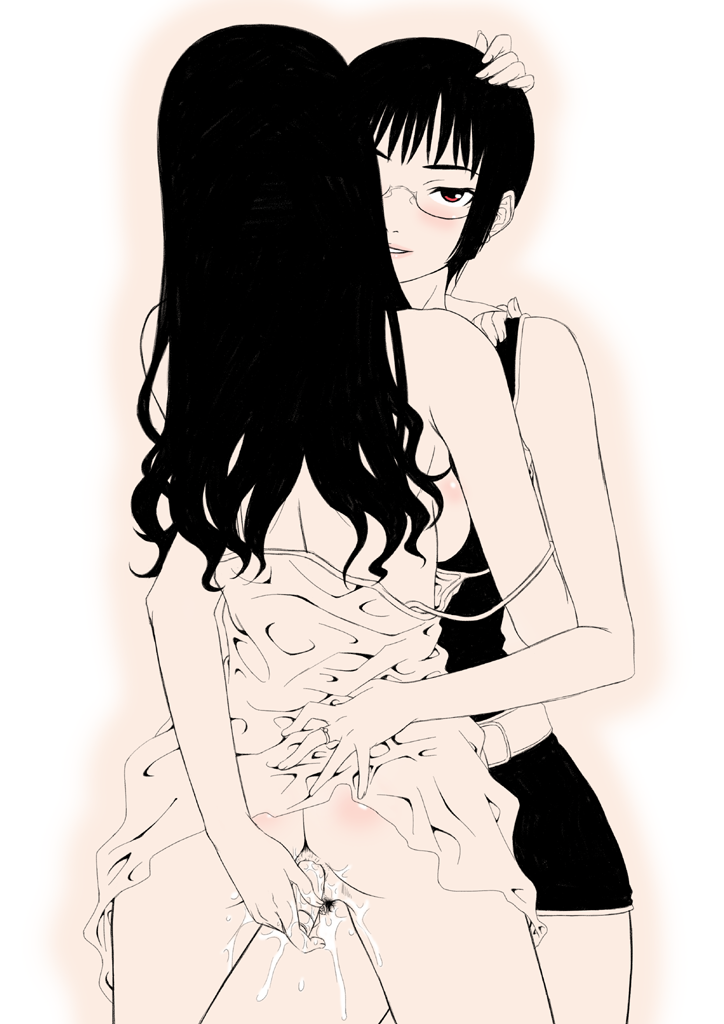 Two girls in black dresses hugging, one lifting the other's dress exposing no panties with pubic hair and pussy juice, vibrator sex toy, sideboob with no bra, glasses, sepia pink theme