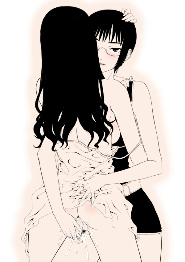 Two girls in black dresses hugging, one lifting the other's dress exposing no panties with pubic hair and pussy juice, vibrator sex toy, sideboob with no bra, glasses, sepia pink theme