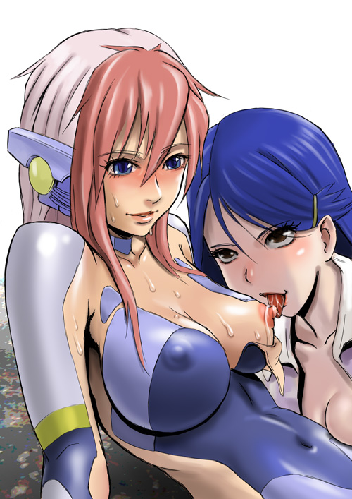 Multicolored blue and pink-haired Birdy Cephon Altera in blue leotard with breast slip, licking and stimulating nipples of brown-eyed Nakasugi Sayaka, one breast out, large breasts