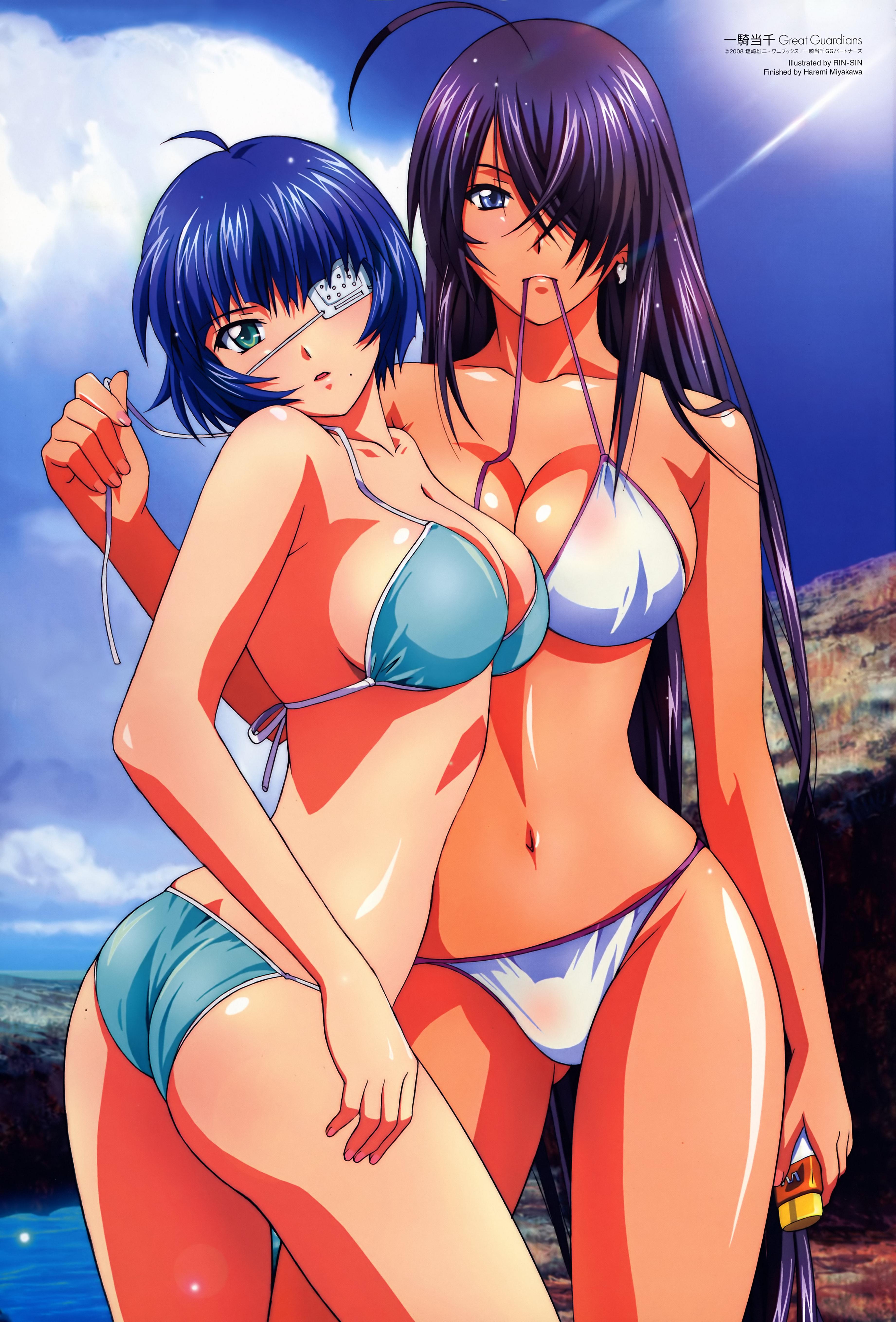 Blue-haired Kan'u Unchou and purple-haired Ryomou Shimei with eyepatch at beach, bikini top in mouth with open clothes and lotion sunscreen, large breasts with cleavage, magatama earrings and mole