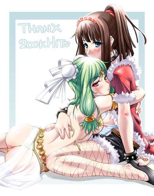 Green-haired Dancer in gold bikini and brown-haired Rogue in red fur-trimmed coat hugging, fishnet pantyhose and striped panties, maid headdress and circlet, medium breasts with navel, open fly, various accessories