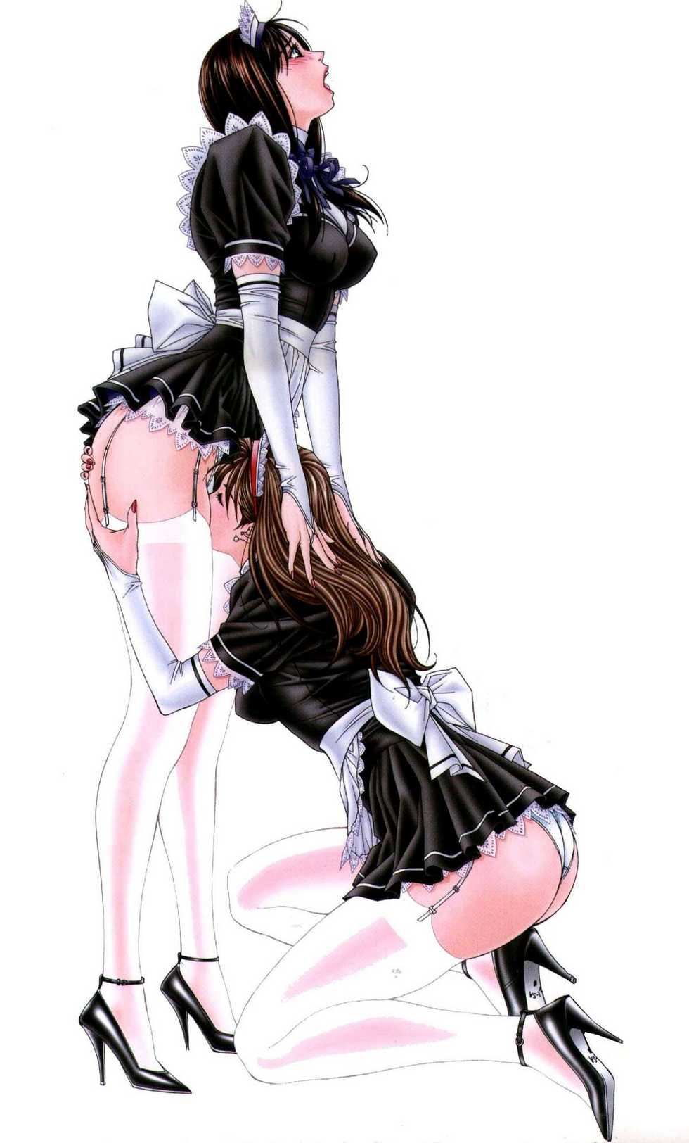 Two girls from G-Taste in maid yuri scene. Risa and Nana with brown hair and twintails, maid headdress and apron with lace trim, thighhighs and garter straps. Standing cunnilingus with clothed sex, grabbing ass and groping, hand on thigh and shoulders. Large breasts covered, open mouth looking up, high heels, bridal gauntlets, jewelry and makeup with lipstick nail polish.