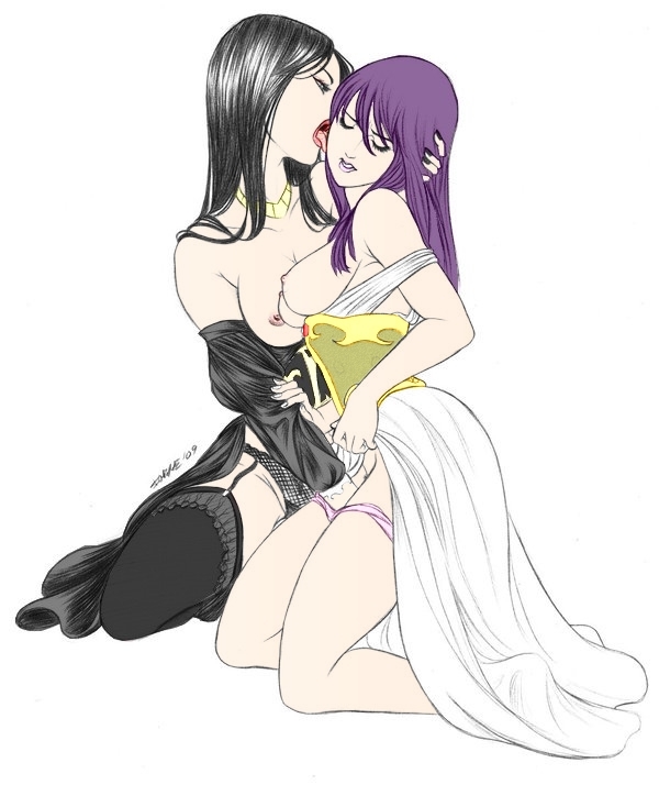 Athena and Pandora from Saint Seiya, fingering and licking yuri scene. Black and purple hair, long hair, large breasts with nipples. Hand in panties, clothes lift and skirt lift, kneeling undressing. Corset, garter straps, thighhighs, pink panties, jewelry necklace. Tongue out, signature, 2009.