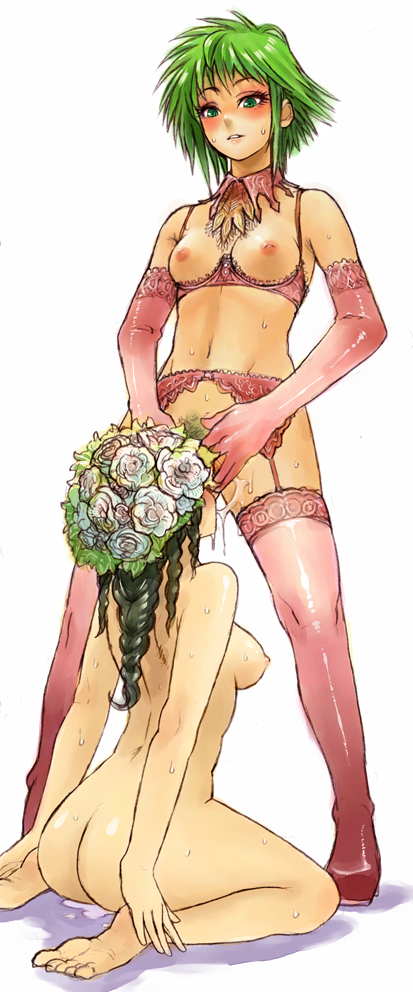 Princess White Rose and Asellus engage in a sensual yuri scene, showcasing their unique outfits and a flower-themed setting.