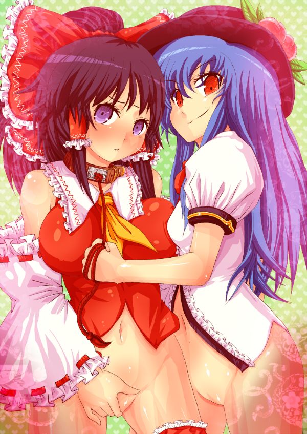 Reimu and Tenshi engage in a playful yuri scene, showcasing their unique Touhou-inspired outfits and a lighthearted atmosphere.