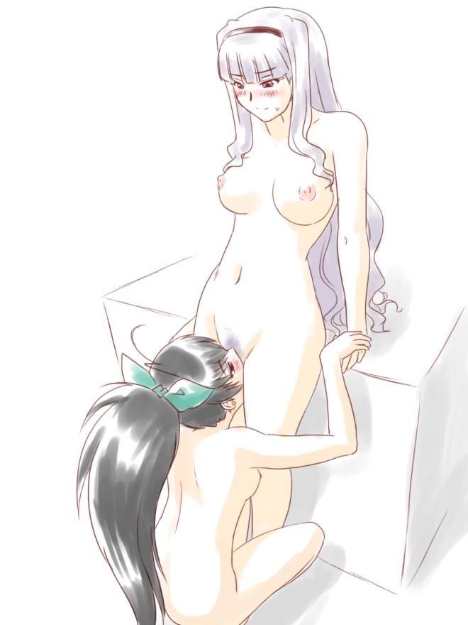 Ganaha Hibiki and Shijou Takane engage in a sensual yuri scene, showcasing their unique outfits and a playful atmosphere.