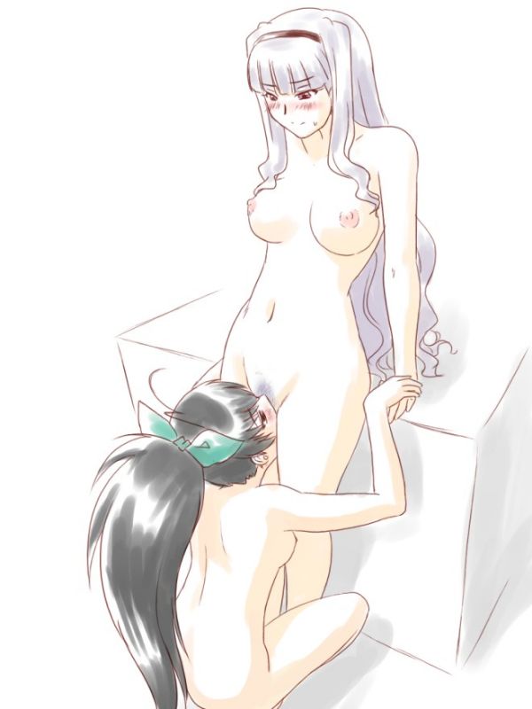 Ganaha Hibiki and Shijou Takane engage in a sensual yuri scene, showcasing their unique outfits and a playful atmosphere.