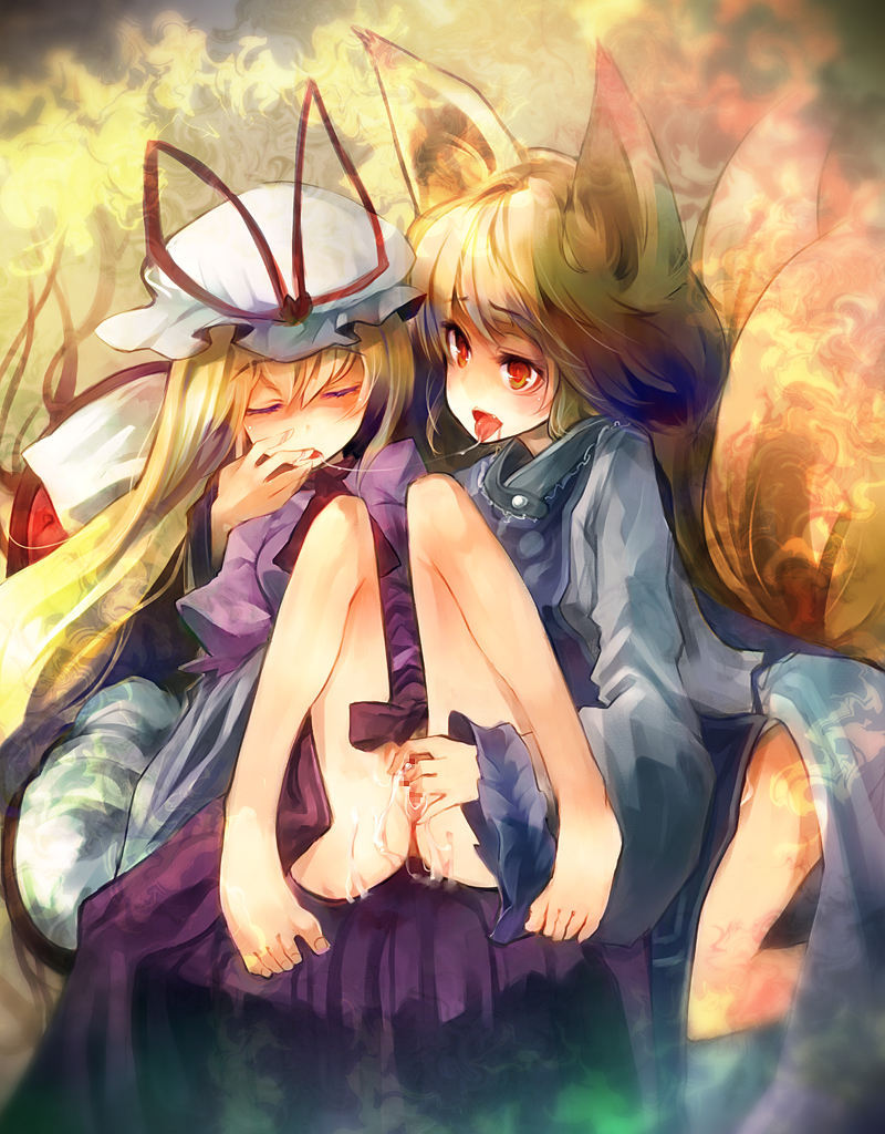 Yakumo Ran and Yukari are fingering each other, with Ran's fox ears and Yukari's blonde hair visible.