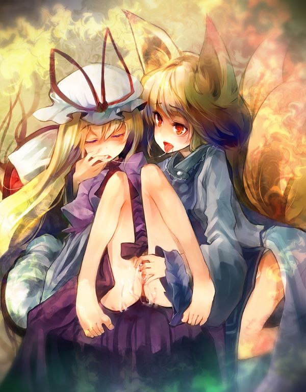 Yakumo Ran and Yukari are fingering each other, with Ran's fox ears and Yukari's blonde hair visible.