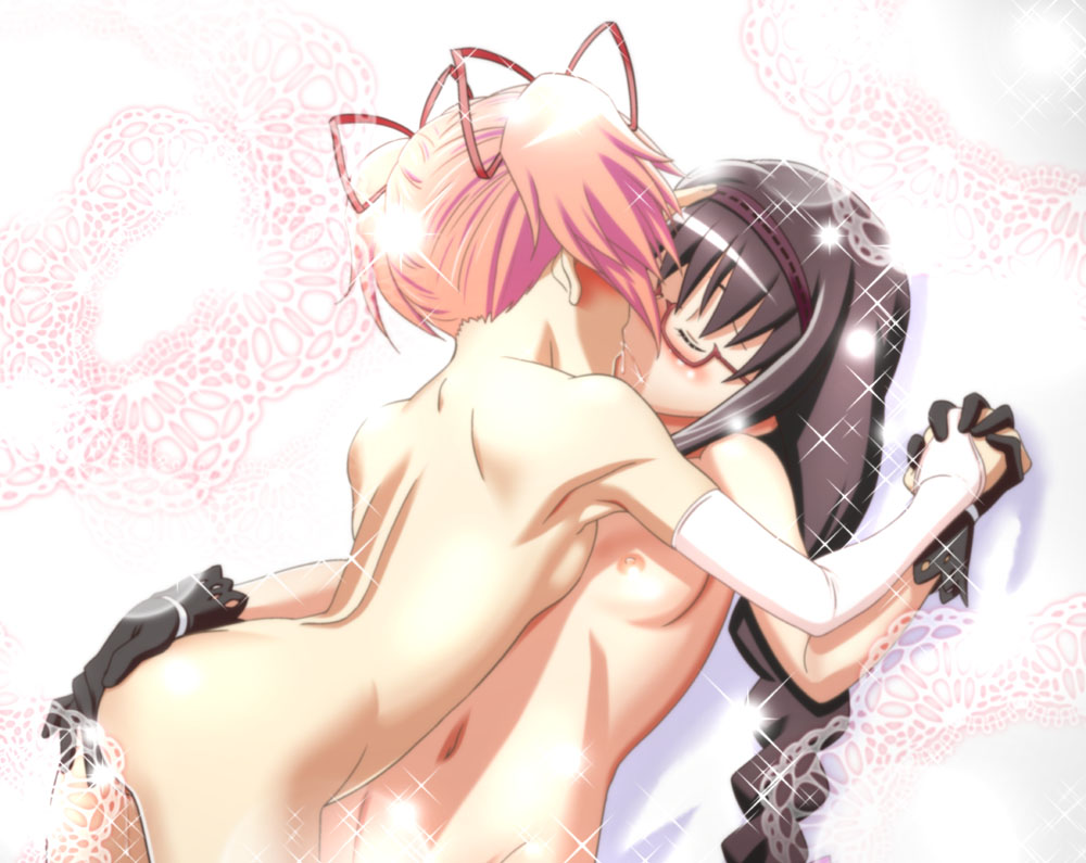 Akemi Homura and Kaname Madoka engage in fingering, with Homura wearing black gloves and Madoka blushing.
