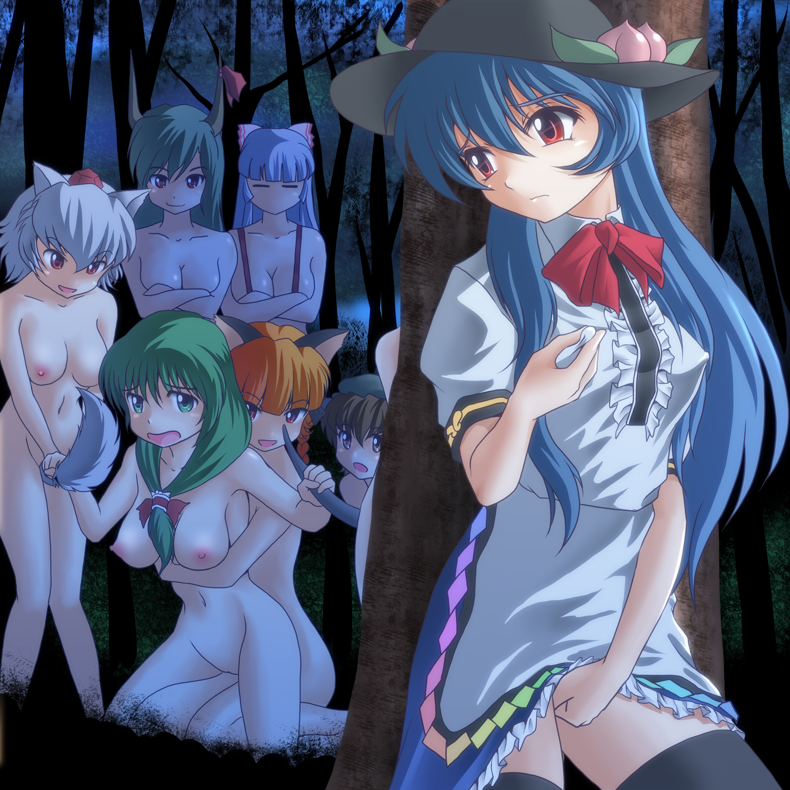 Chen and Fujiwara no Mokou masturbate, showing animal ears, black thighhighs, and long hair.