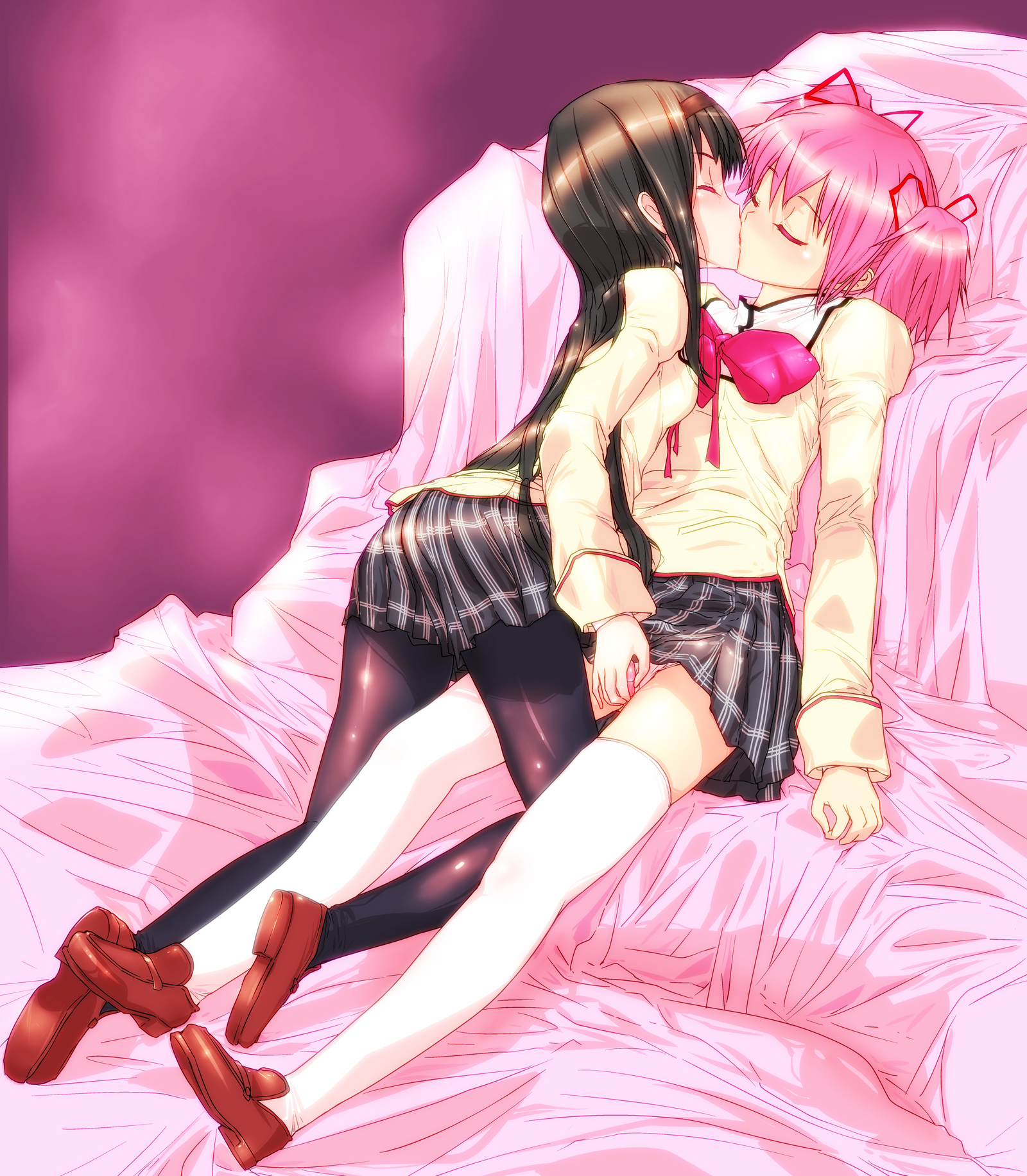 Akemi Homura and Kaname Madoka engage in yuri with an egg vibrator, showcasing black pantyhose and pink bows.