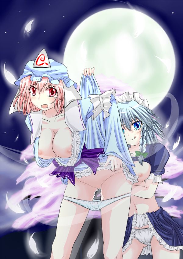 Izayoi Sakuya and Saigyouji Yuyuko engage in yuri, lifting their dresses and panties, with blush and pink hair.