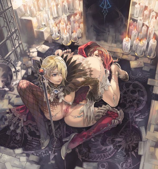 Shirayuki Tomoe and another girl engage in 69, wearing mismatched legwear and a magic circle.